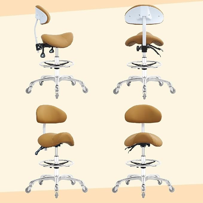 Nazalus Saddle Stool Chair with Back Support Footrest, Heavy-Duty(350LBS), Hydraulic Rolling Swivel Adjustable Stool Chair for Salon Spa Beauty Massage Dental Clinic Home Office Use(Camel)