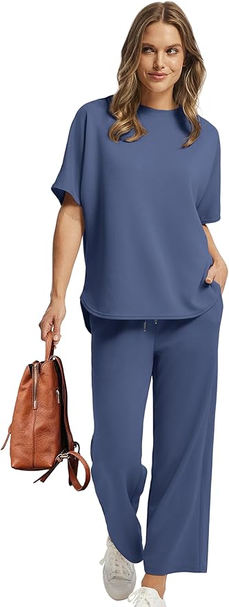 Sampeel Two Piece Sets for Women Summer Outfits Oversized Wide Leg Crop Pants Lounge Sets Airport Beach Vacation Clothes
