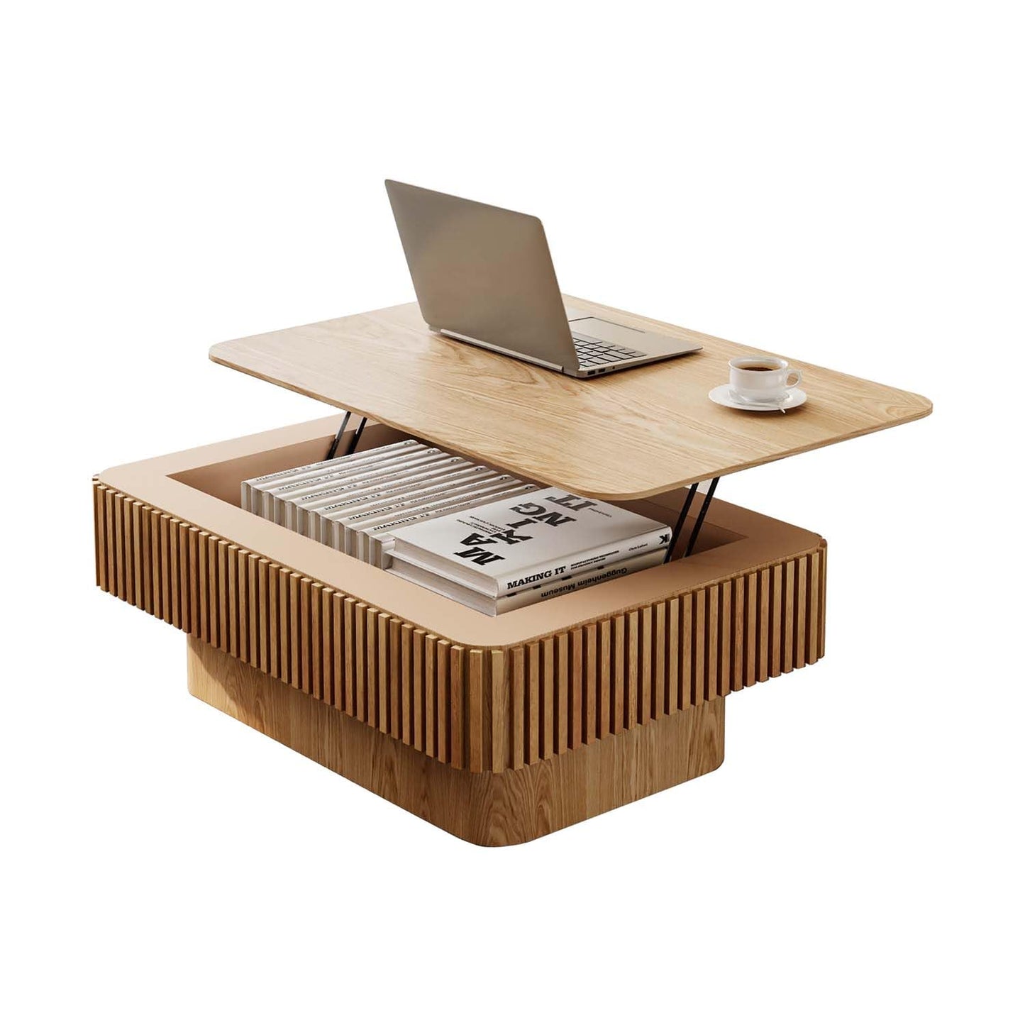 FGXJY Lift Top Coffee Table with Storage, Solid Wood Coffee Table with Adjustable Height, Fluted Center Table Accent Tea Table for Living Room, Apartment, Office (38.6" Natuall)