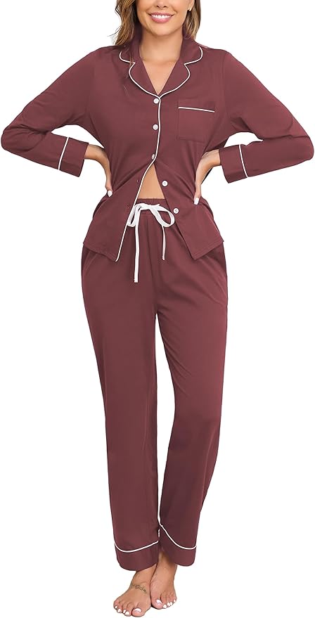 Veseacky 100% Cotton Pajamas for Women Set Long Sleeve Button Down Sleepwear Soft Pjs Lounge Sets with Pockets XS-XXL