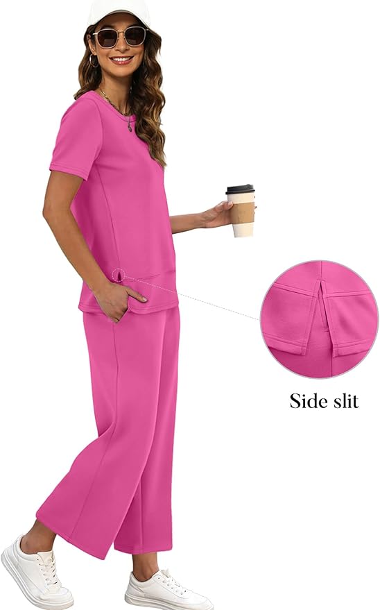 XIEERDUO Women's Side Slit Lounge Sets 2026 Fashion 2 Piece Travel Outfits Cozy Loungewear Wide Leg Tracksuits S-3XL