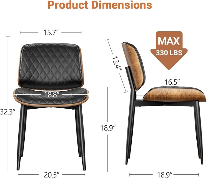 YaFiti Dining Chairs Set of 4, FSC Certified Mid Century Modern Accent Dining Room and Kitchen Chairs, Upholstered PU Leather Diamond Check Chairs with Walnut Bentwood and Metal Legs, Black