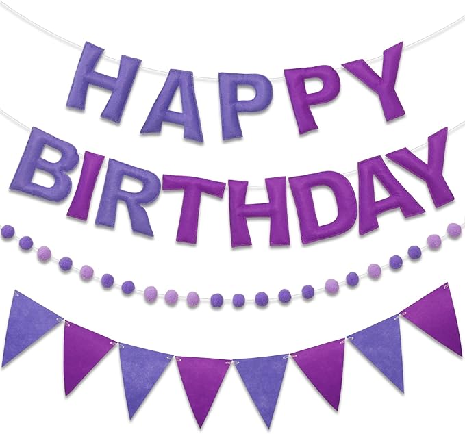 LITAUS Pre-Strung Happy Birthday Banner & Felt Garland Set - Ombre Purple Birthday Decorations for Women Men Boys Girls | ...
