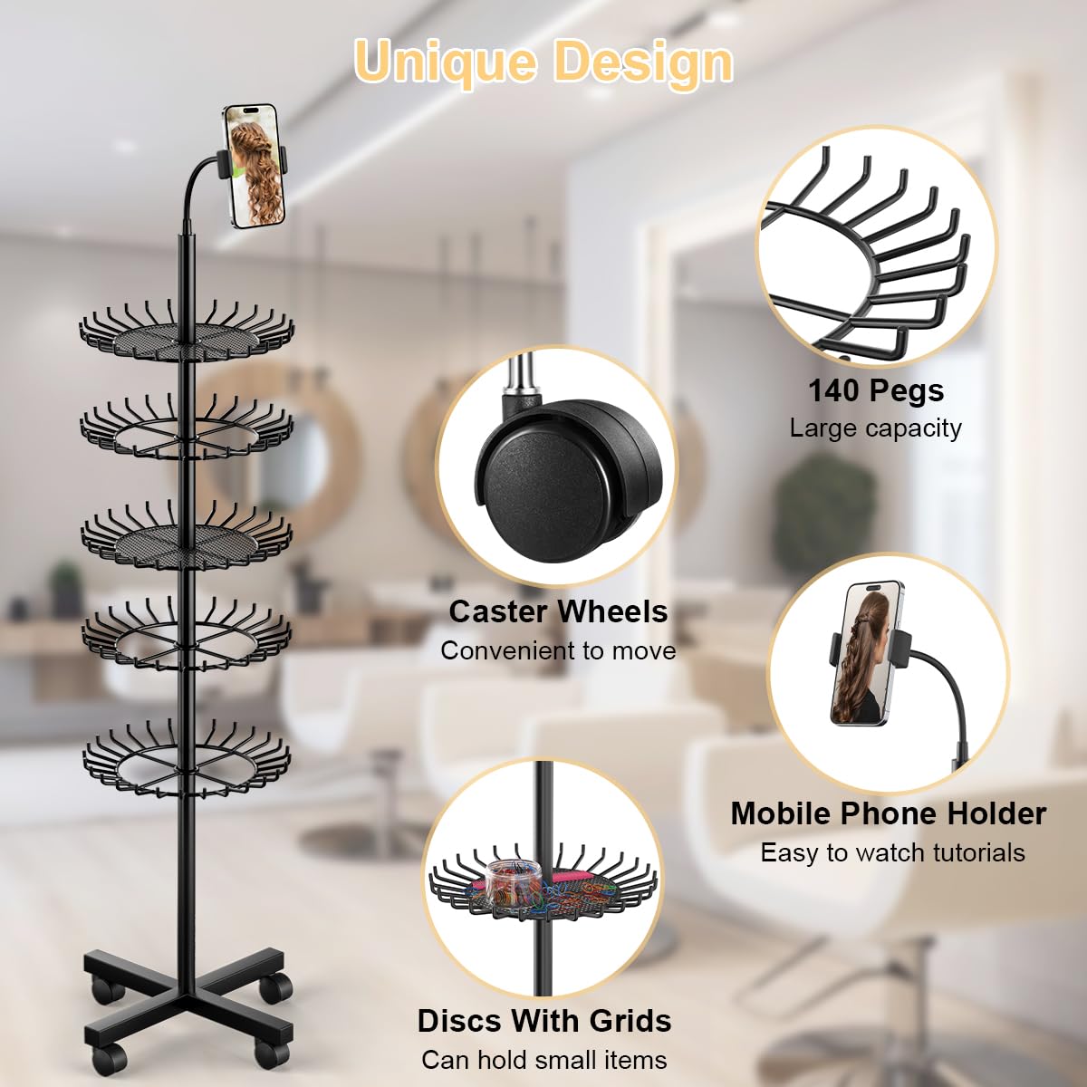 VIFOCUFY Braiding Hair Rack Standing Hair Extension Holder - 140 Pegs Braiding Hair Rack & Divider Stand with Phone Holder for D