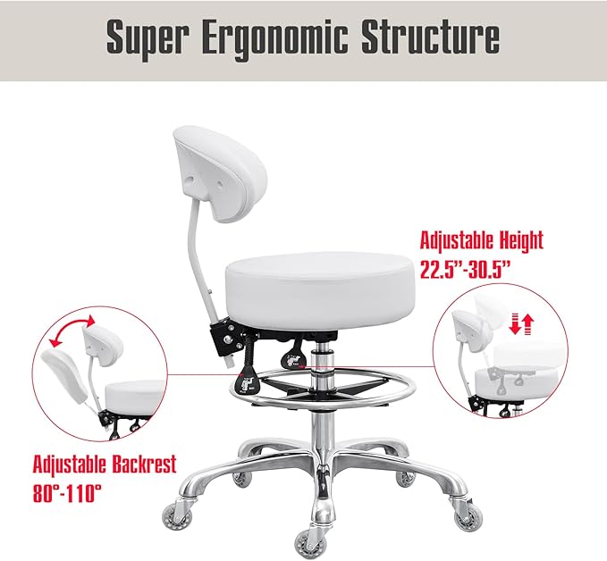 Grace&Grace Drafting Chair Big Cushion Rolling Stool with Back, Tall Shop Stool Rolling Chair with Footrest for Studio, Workshop, Classroom, Lab, Counter, Home Office (White)