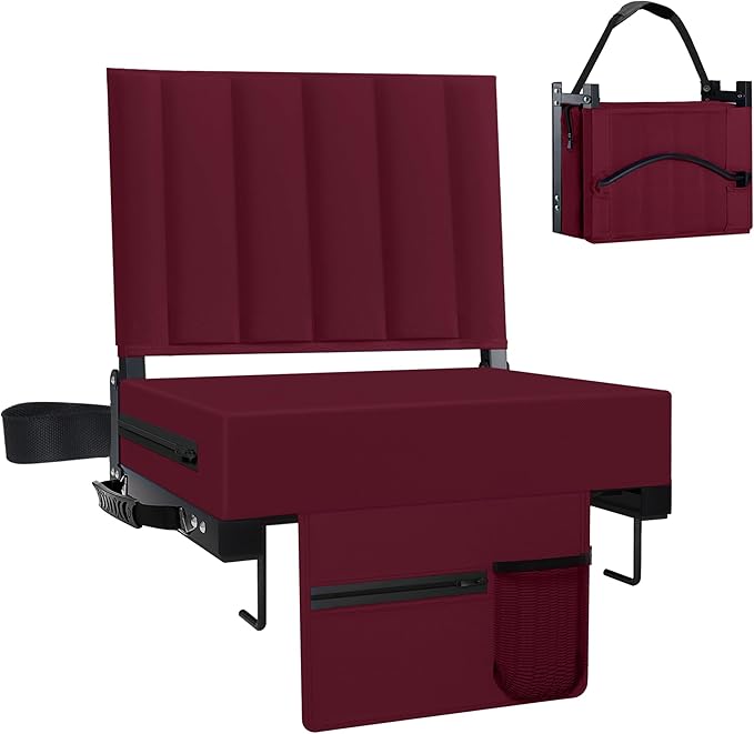 Aliphon Stadium Seat for Bleachers with Back Support and Cushion, Bleacher Seats with Shoulder Strap and Cup Holder, Padded Portable Folding Comfort Stadium Chair, for Sports Events,Wine Red(1pcs)