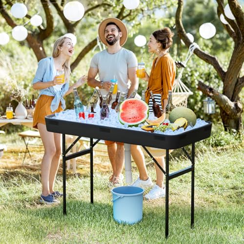 4 Foot Ice Cooler Table, Folding Buffet Cold Food Keeper w/Removable Matching Skirt & Drain Plug, Portable Patio Outdoor C...