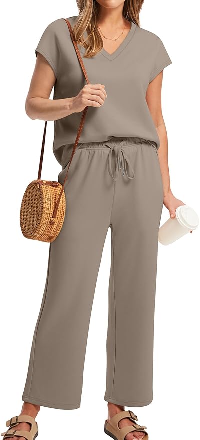 Saloogoe Two Piece Sets for Women Summer Outfits Lounge Sets V Neck Tops Wide Leg Pants Woman Vacation Travel Outfits