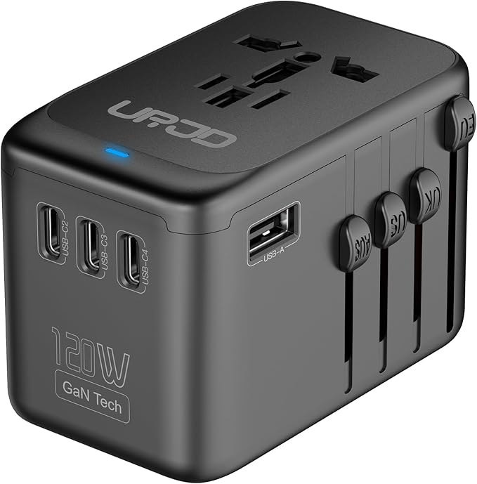 Universal Travel Adapter 120W GaN Fast Charger, 4 USB-C & 1 USB-A & 2500W AC Outlet, USB-C International Power Adapter for Europe, UK, US, Australia 200+ Countries
