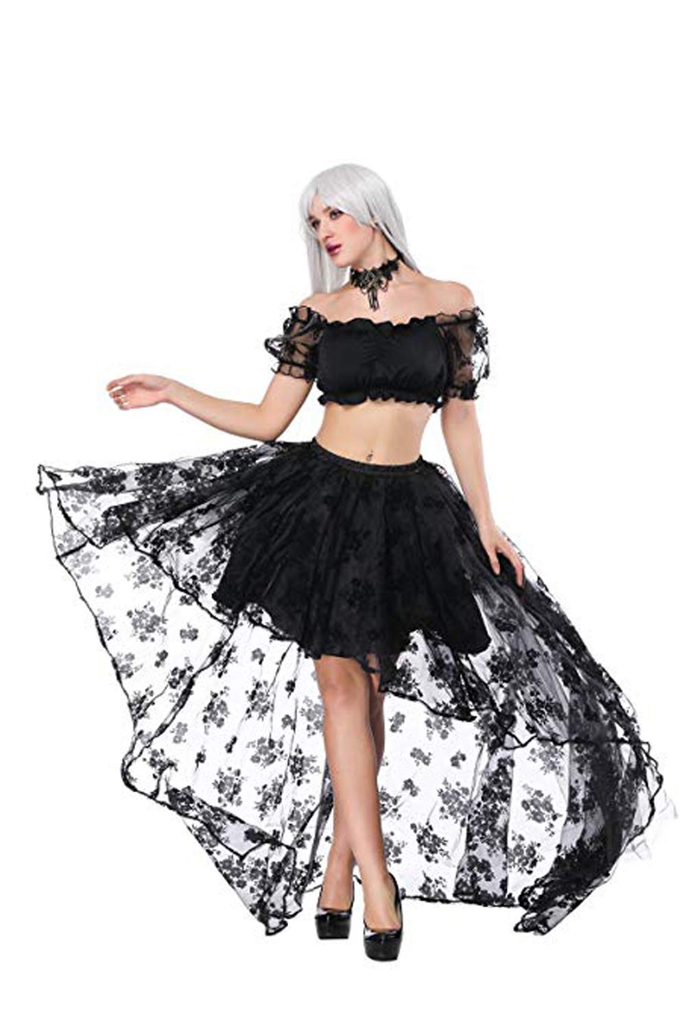 COSWE Women's Black Floral Lace Asymmetrical Victoria Gothic Long Maxi Skirt Party