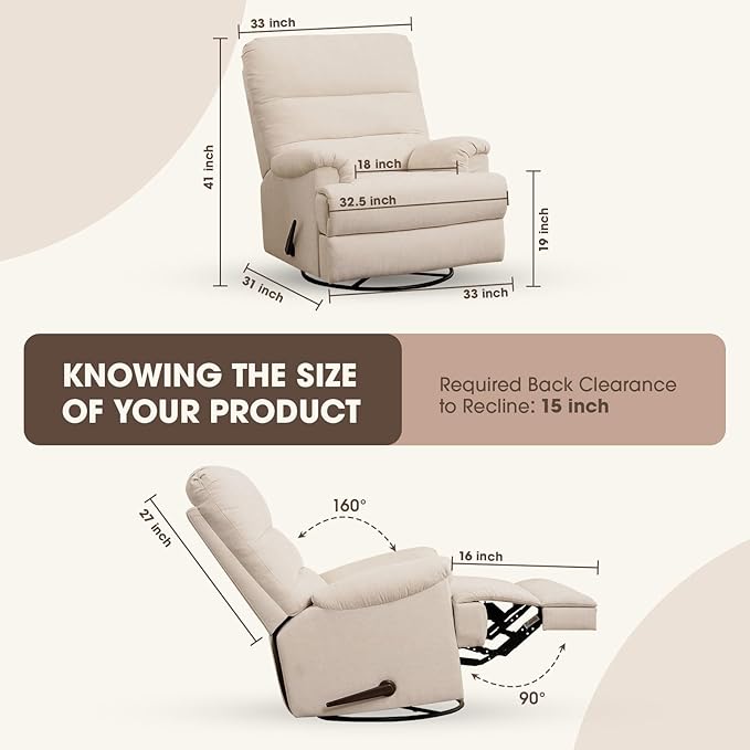 Divanus Large Glider Rocker Recliner,Beige Swivel Rocking Recliner Chair,Reclining Sofa Rocking Chair Nursery,23 Inches Deep Seat & 27 inches High Back,for Living Room, Bed Room‎ (Beige)