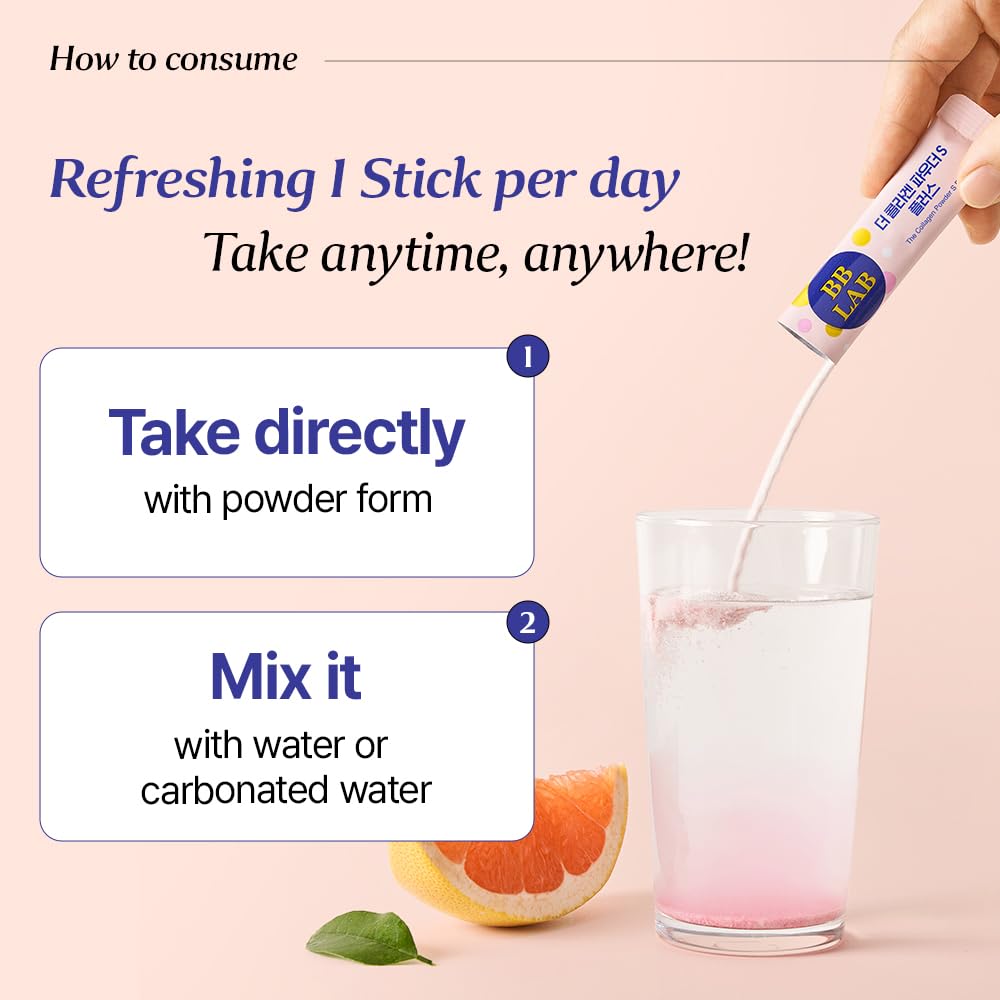 BB LAB Collagen Powder S Plus Halal, Low Molecular Korean Collagen Powder Stick Supplement, Marine, Fish Collagen Peptides, Vitamin C, Glycine, Fast Absorption, Grapefruit Flavor