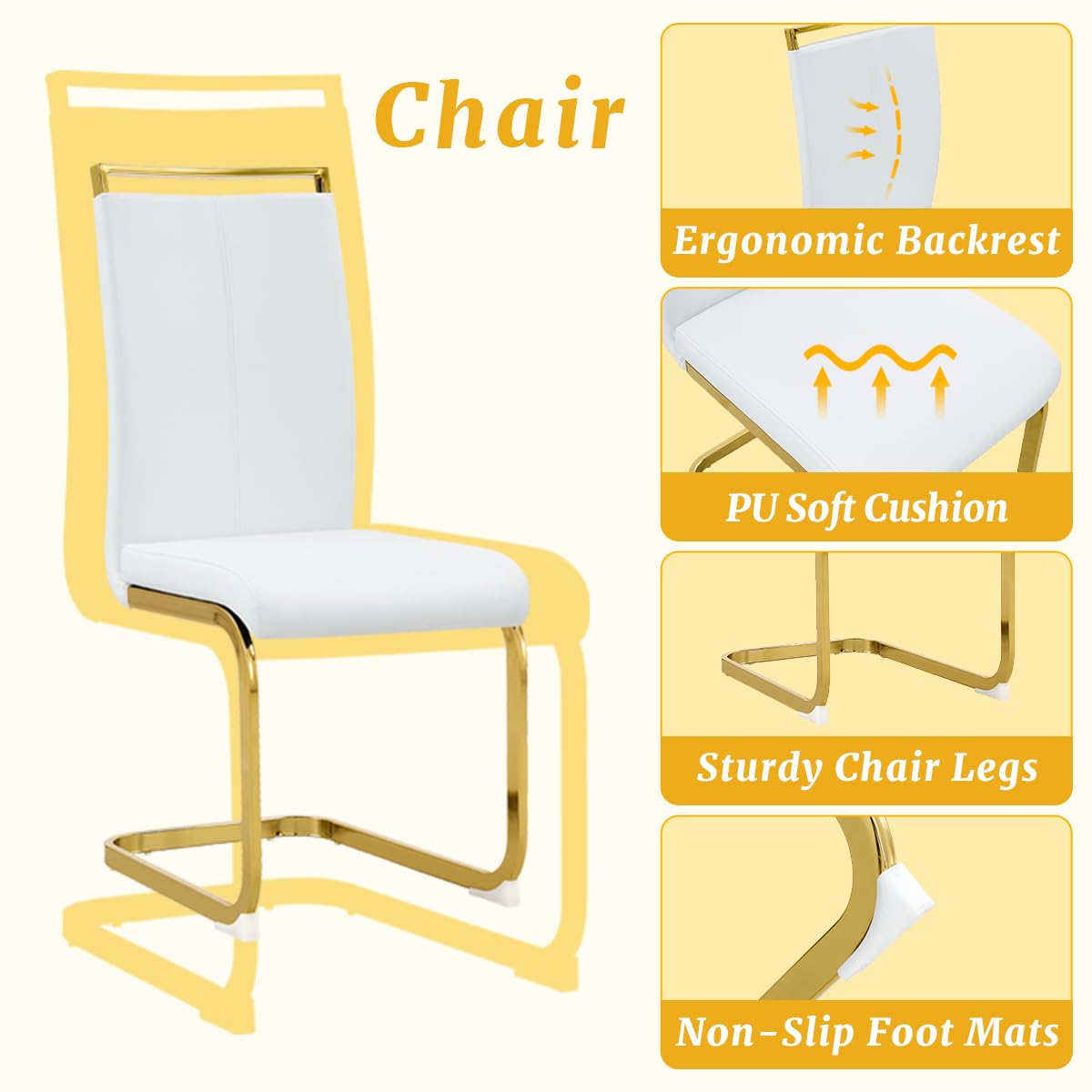 Dining Set of 6 Chairs and Table, 71'' Black Dining Table Set for 6, Faux Marble Dining Room Table Set & Ergonomic Chairs for Dining, Tempered Glass Top with U-Shaped Leg and Stainless Steel Base