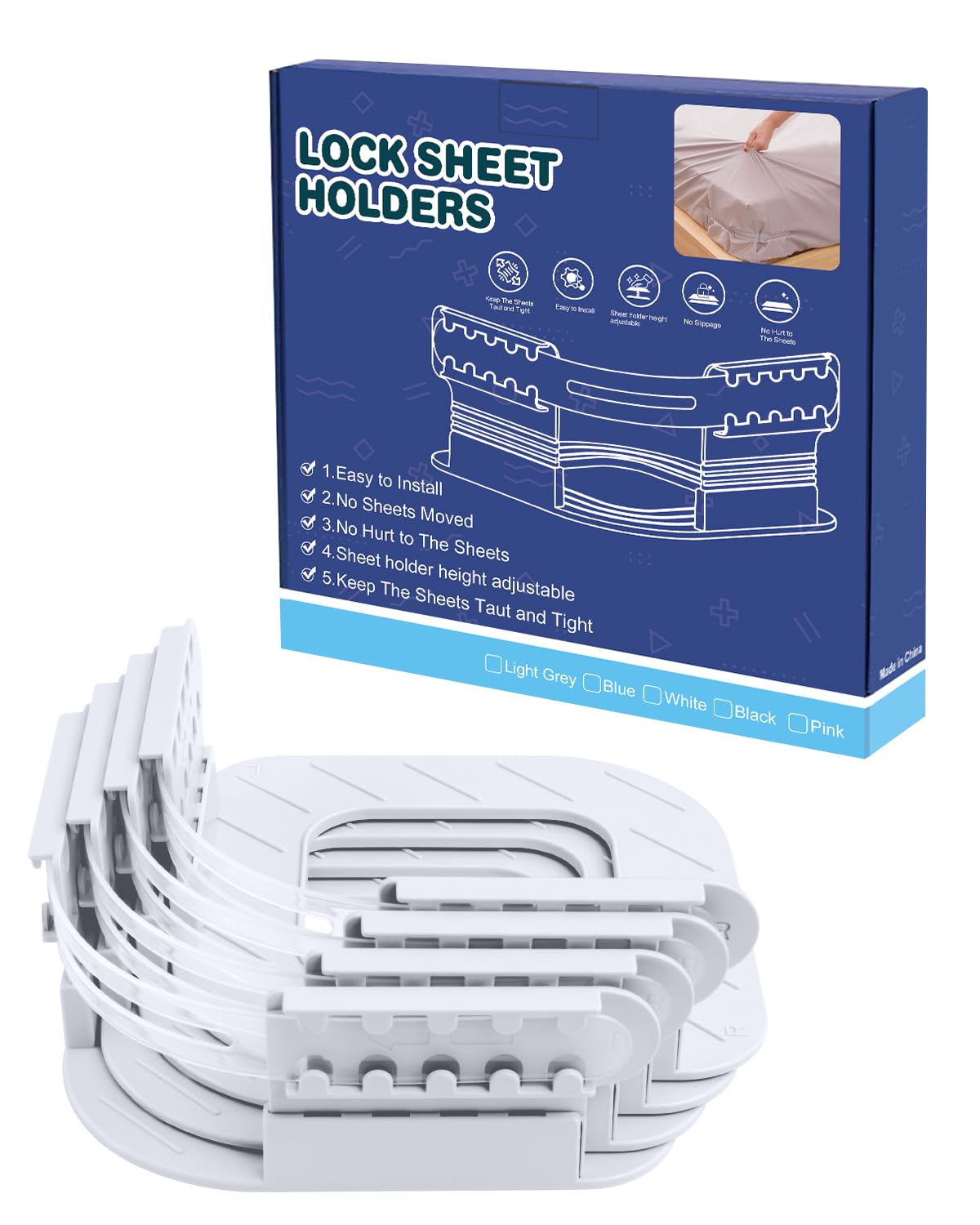 ASSRECT 4-Pack Removable Bed Sheet Holders for Corners with Mattress Straps, Durable Sheet Locks to Prevent Bedding from Moving, Universal for Thick Mattresses (White)