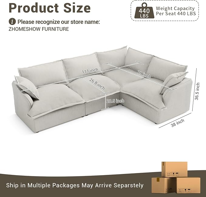 Lopzeho 111” Oversized Modular Sectional Sofa, Comfy Down Fill Cloud Couch, L Shaped 4 Seater Couches with Washable Cover, Convertible Sectional Couches for Living Room, Light Gray
