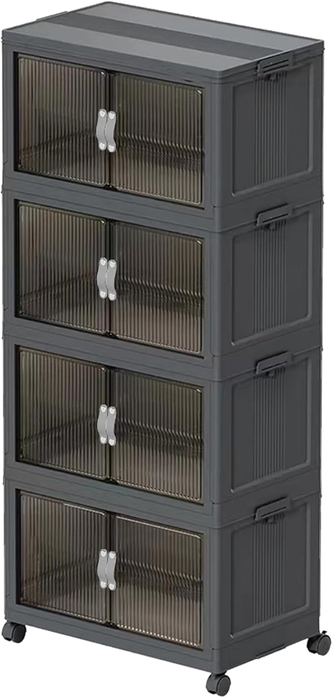 Collapsible Storage Bins with Lids Black Stackable Plastic Organizers for Clothes, Decor, Craft Supplies & Home Storage (4 racks, 17 Gal/rack)