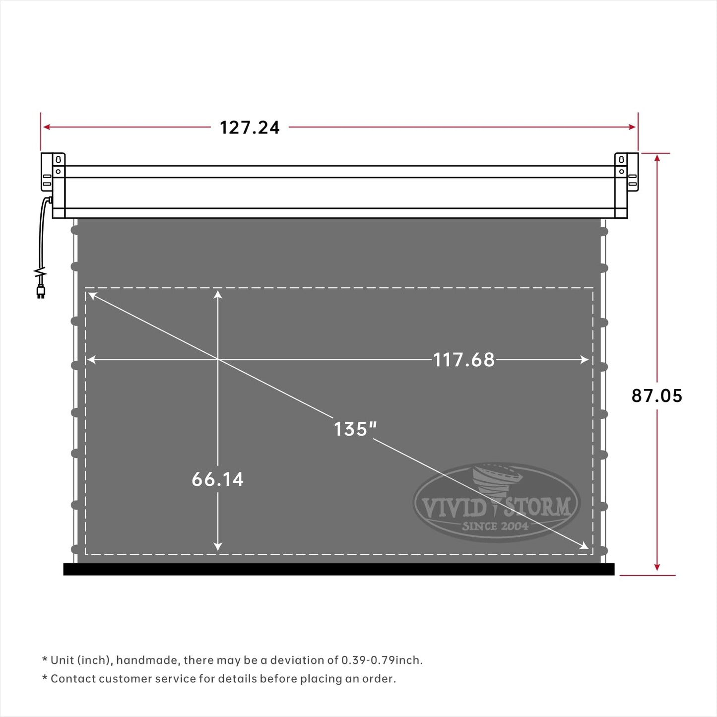VIVIDSTORM-Office Presentation Tension Screen,White Housing Obsidian Long Focus ALR Motor Tension Drop Down Deluxe Screen,Compatible with Lumen up to 2500ANSI Short Throw Projector,V6JLALR135H