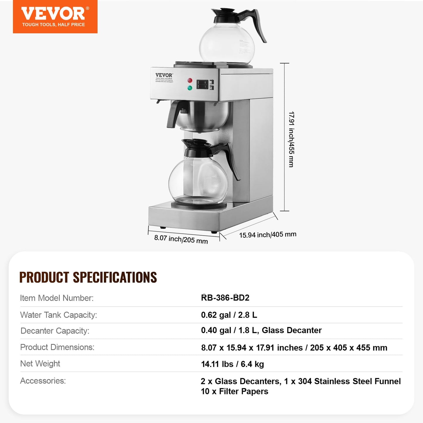 VEVOR 12 Cups Commercial Drip Coffee Maker, Coffee Maker Machine with 2 Glass Carafes and 2 Warmer Plates, Stainless Steel Pour Over Coffee Brewer for Restaurant, Office, Cafe