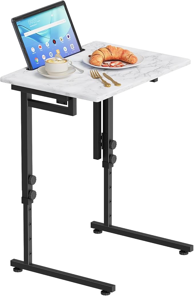 Katrawu Adjustable Height Tv Tray Table,Portable Folding Tv Dinner Snack Table,Small Foldable C-Shaped End Table for Eating,Slide Under Couch Side with Sturdy MDF Top,No Assembly(White Marble+Black)