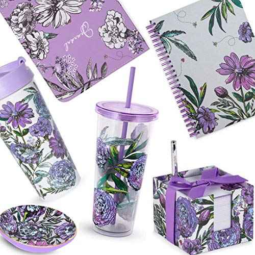 Travel Tumbler with Lid and Straw, 24 Ounce Insulated Cup, Purple Floral Plastic Double Wall Tumbler, Lavender Meadow