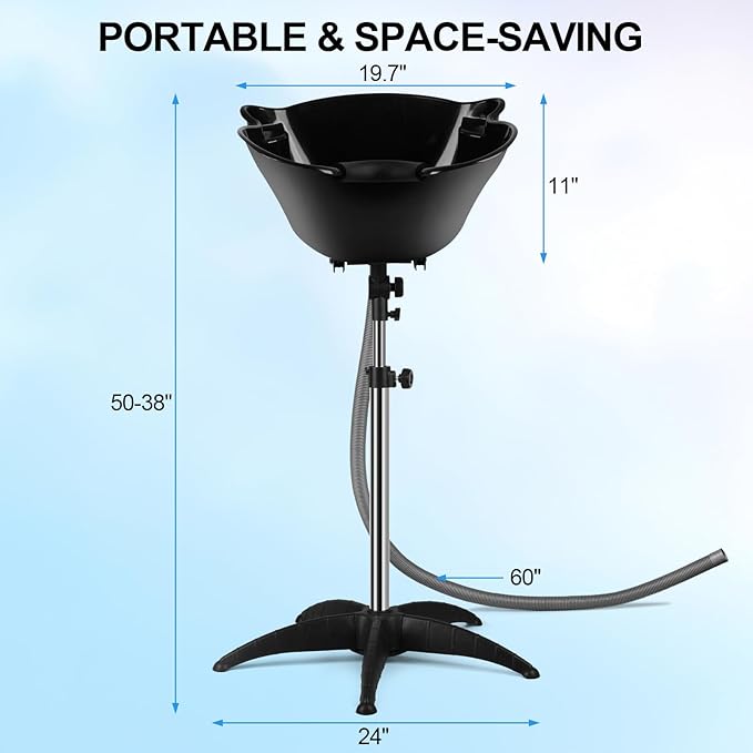 Portable Shampoo Bowl, 270 Degree Rotation of Hair Washing Basin, Height Adjustable Salon Sink with Drain Hoses for Home Salon Use