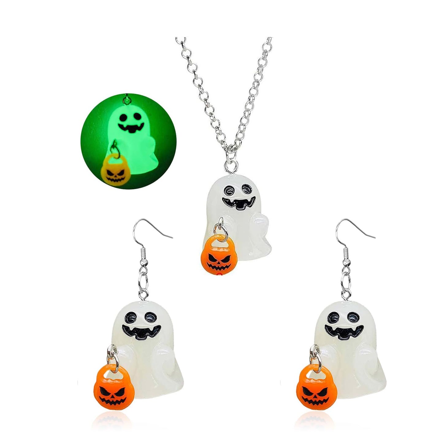 Ghost Earrings，Spooky Halloween Earrings Necklace Set for Women Pumpkin Ghost Glow In The Dark Dangle Earrings，3d Light Up Candy Corn Necklaces Holiday Jewelry Gifts (Set1)