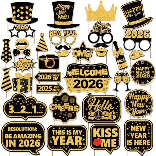 Biswiter 36 Pcs New Years Photo Booth Props, New Years Eve Photo Props 2026, Happy New Year Decorations 2026, New Year Pho...