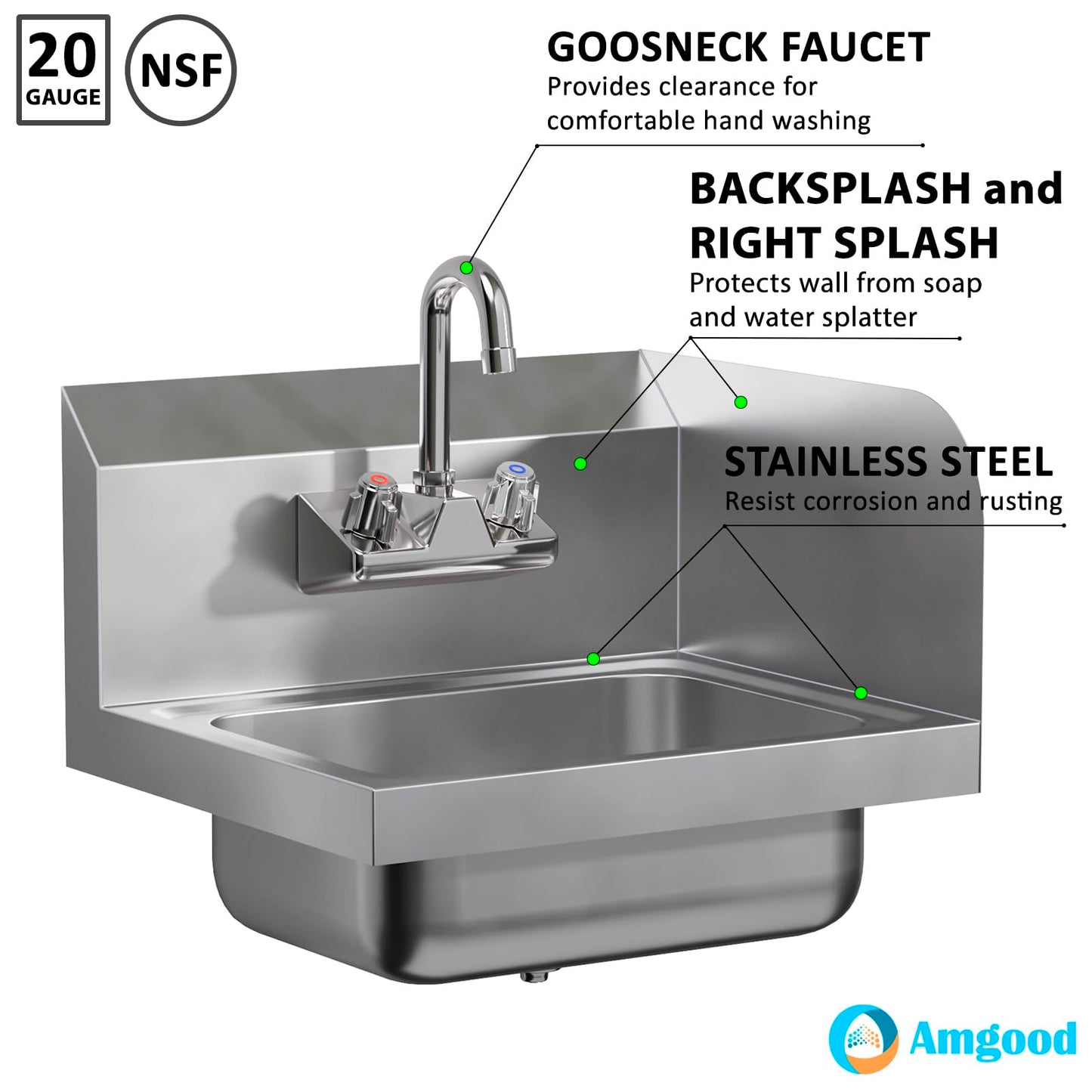 AmGood Stainless Steel Wall Mount Hand Sink with Faucet and Right Sidesplash 17" x 15" | NSF Commercial Hand Washing Basin For Restaurant, Kitchen and Home | Bowl Size: 10" x 14"