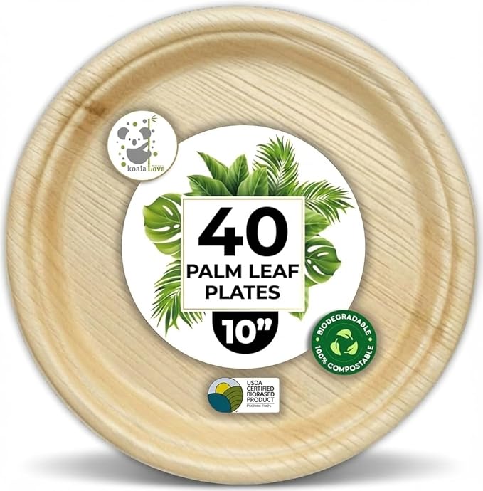 Koala love Palm Leaf Plates 10 Inch Bamboo Paper Disposable 50 Bulk Dinner Round Party Plates Event Tableware Eco Biodegradable Compostable Wooden Plate Best Alternative to Plastic Plate