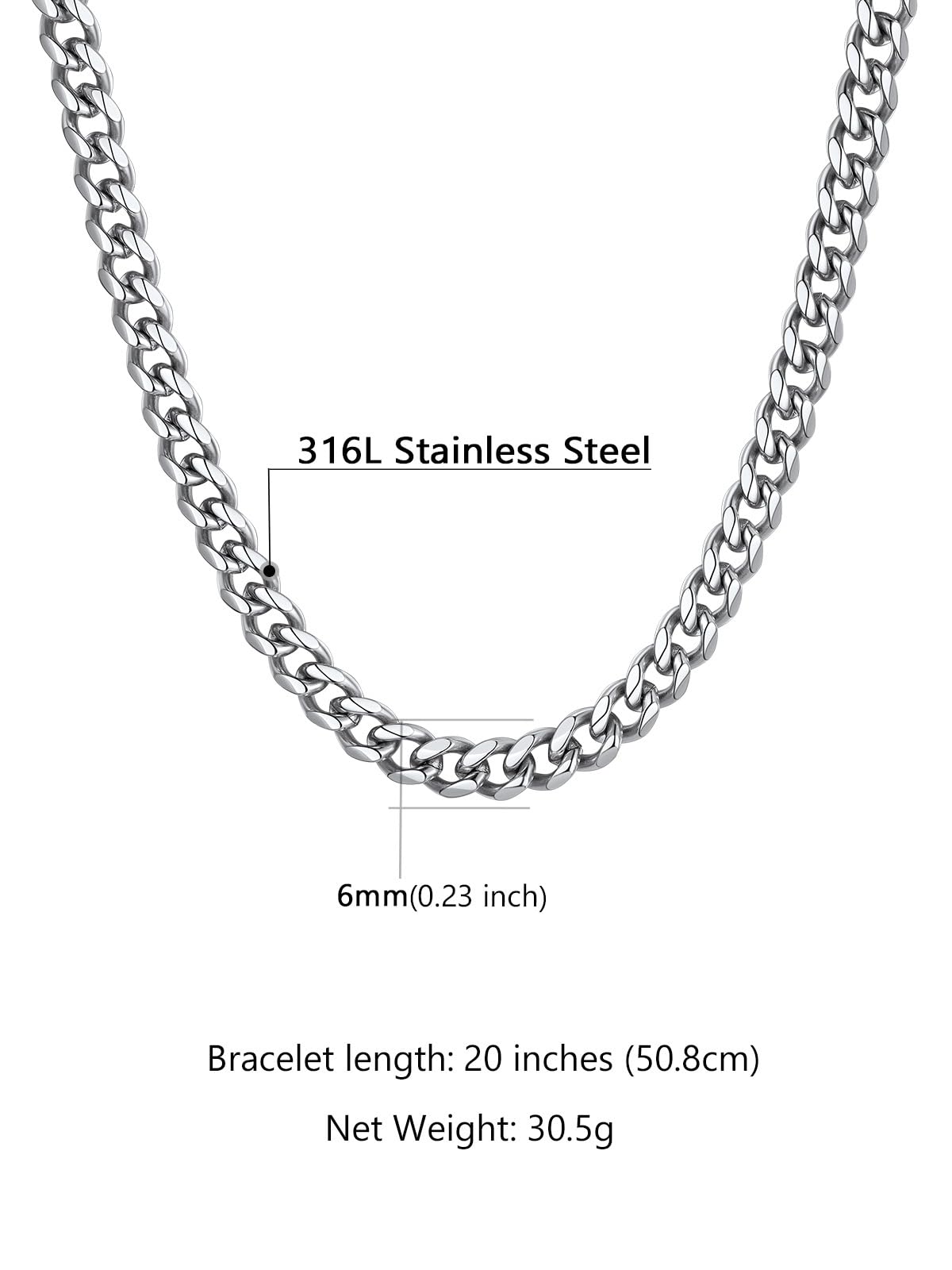 Supcare Mens Chain Necklaces 6mm Hypoallergenic Silver Cuban Link Chain for Men Boyfriend Birthday Gifts to My Man Promise Necklace Waterproof Stainless Steel Necklaces
