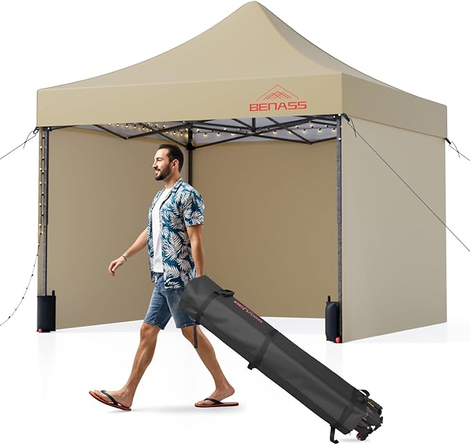 Benass 10x10 Pop Up Canopy Tent with 8 Reinforced Steel Wire Ropes, Heavy Duty Instant Canopies with 3 Removable Sidewall...