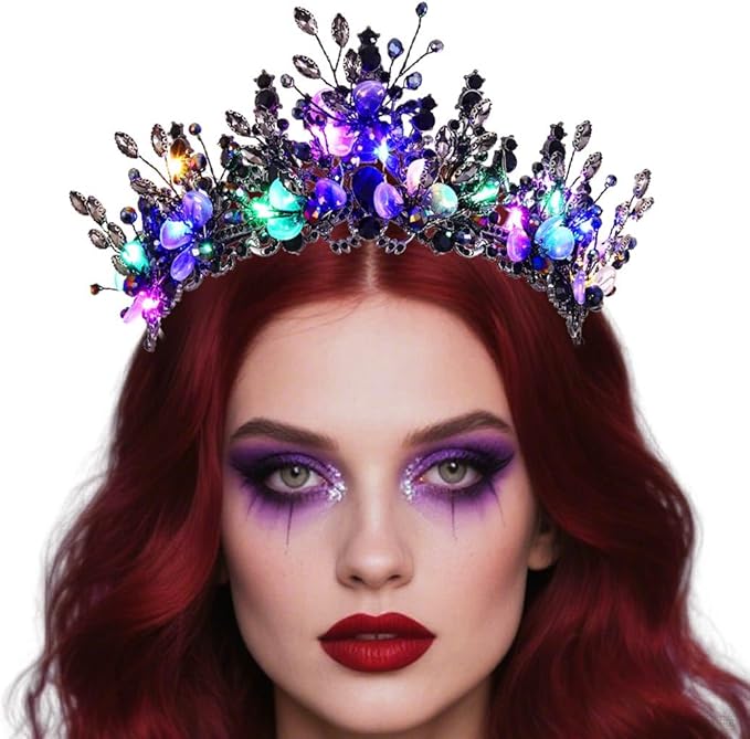 JAKAWIN Light Up Black Crown and Tiara Rhinestone Headpiece Halloween Costume Hair Accessories for Women