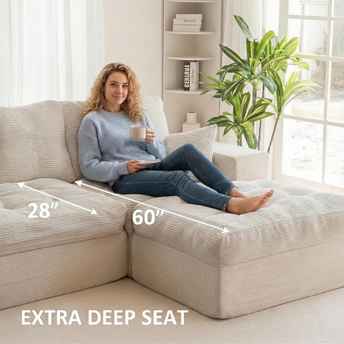 NAYA 106” Modular Sectional Sofa, Cloud Sectional Couch with Deep Seat, Modern Modular L-Shape Sofa Boneless Couch with Chaise for Living Room Bedroom (Beige, Cloudy Sofa with Right Facing Chaise)