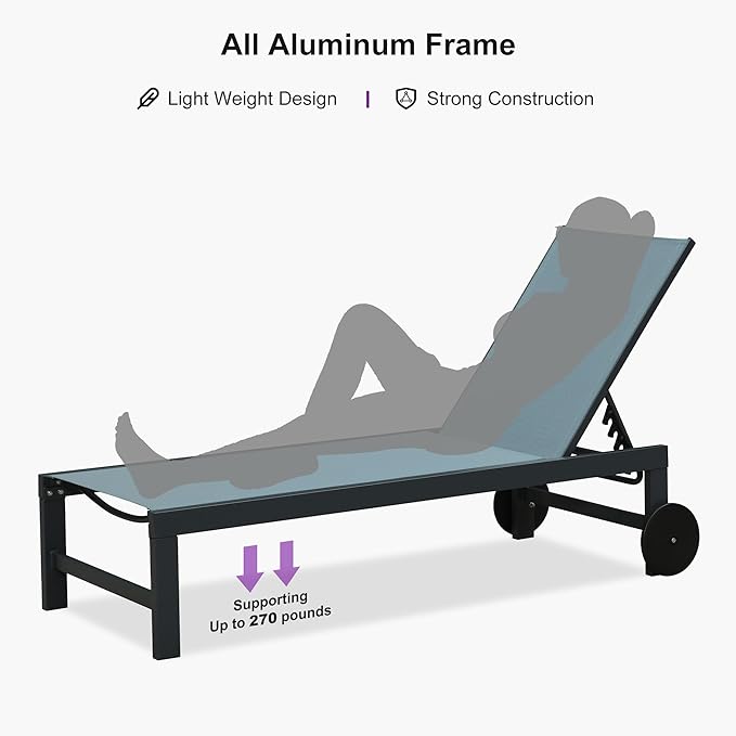 PURPLE LEAF Patio Lounge Chair Set for 2 Outdoor Chaise Lounge with Adjustable Backrests and Wheels Aluminum Reclining Pool Chair for Outside Yard Poolside Table Included, Teal