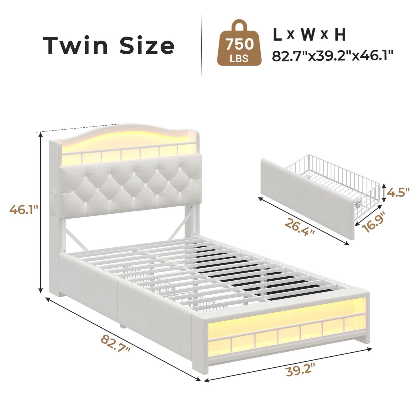 HAUOMS Twin Size Bed Frames for Girls, Princess Velvet Upholstered Platform Bed with Led Lights & 2 Drawers, Headboard with Charging Station & Guardrail & Crystal Button, No Box Spring Needed,Beige