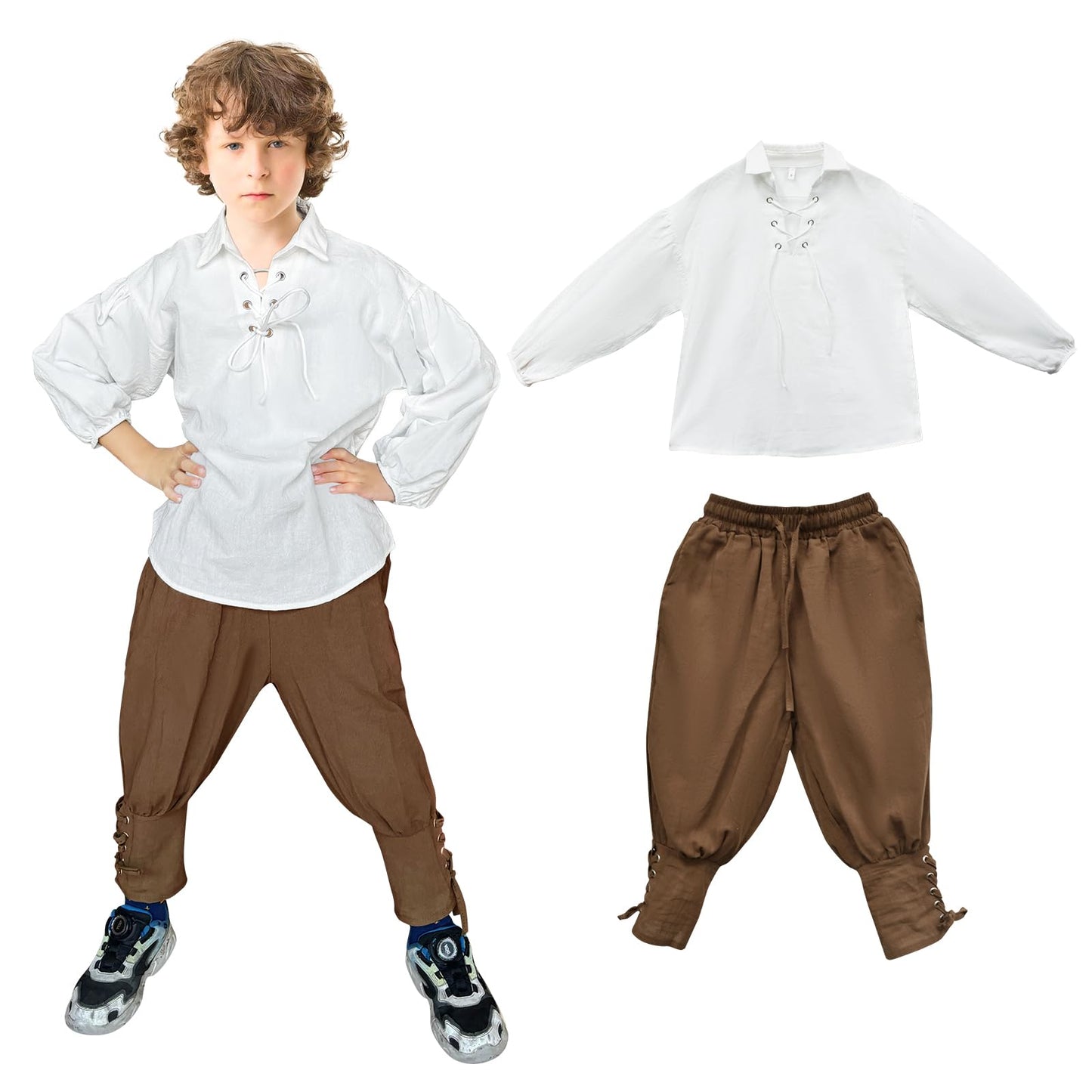 Prebene Boys Medieval Pirate Set Shirt & Ankle Pants Kids Renaissance Halloween Costume Scottish Jacobite Tops and Trousers (White+Brown, 10-12T)