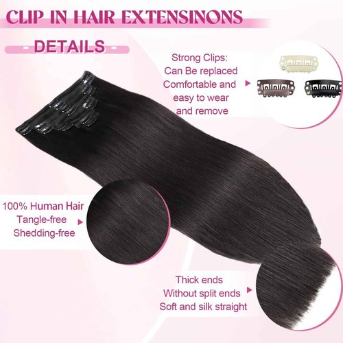 POGINJA Clip in Hair Extensions Real Human Hair, Remy Human Hair Clip in Extensions for Black Women, Invisible Natural Straight Seamless Clip ins Hair Extensions 8pcs Double Weft #1B 24inch 120g