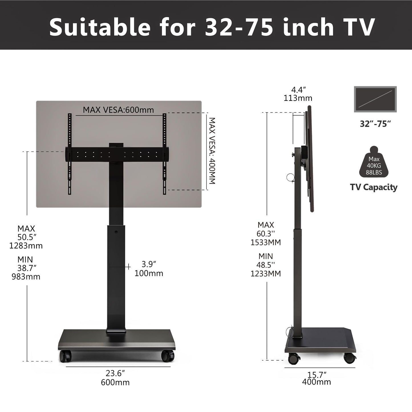 FITUEYES Rolling TV Stand - Portable Mobile TV Cart on Wheels for 32 to 65 70 75 Inch TVs, Landscape to Portrait Rotating and 40°Swivel, Height Adjustable TV Cart Rolling TV Stand Hold Up to 88 Lbs
