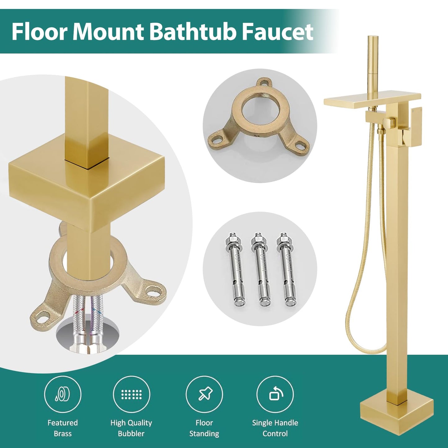 Hoimpro Tub Filler Freestanding Bathtub Faucet Brushed Gold Floor Mount Tub Faucet Waterfall Bathtub Filler with CUPC Certified High Flow Brass Bath Shower Faucets with Handheld Sprayer