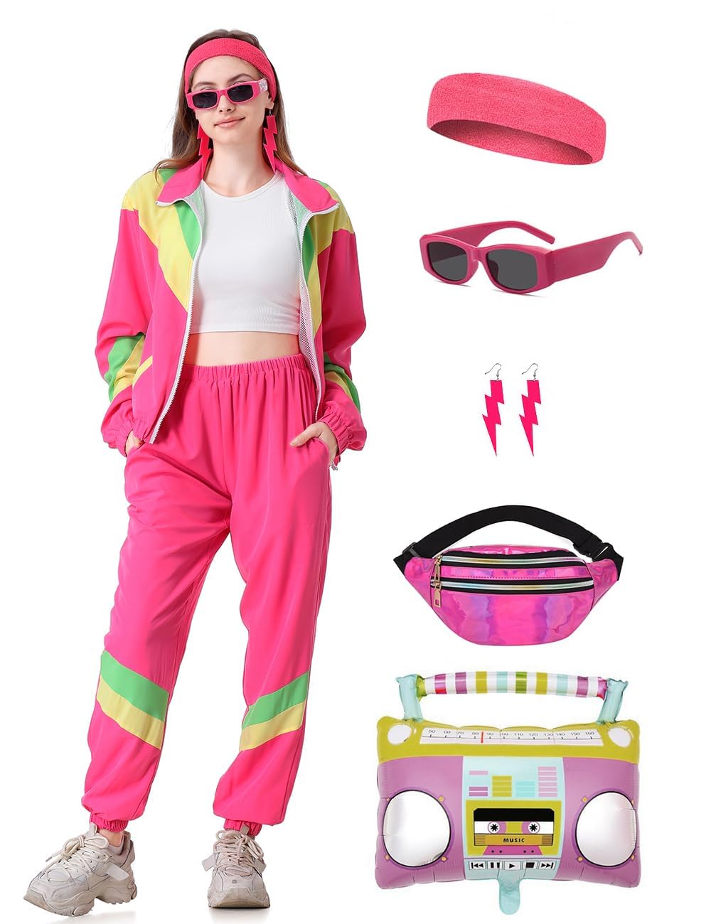 Coseaon 80s Tracksuit for Women Retro Windbreaker Outfit 90s Color Block Sportswear Set with Jacket Sweatpants (Pink, XL)