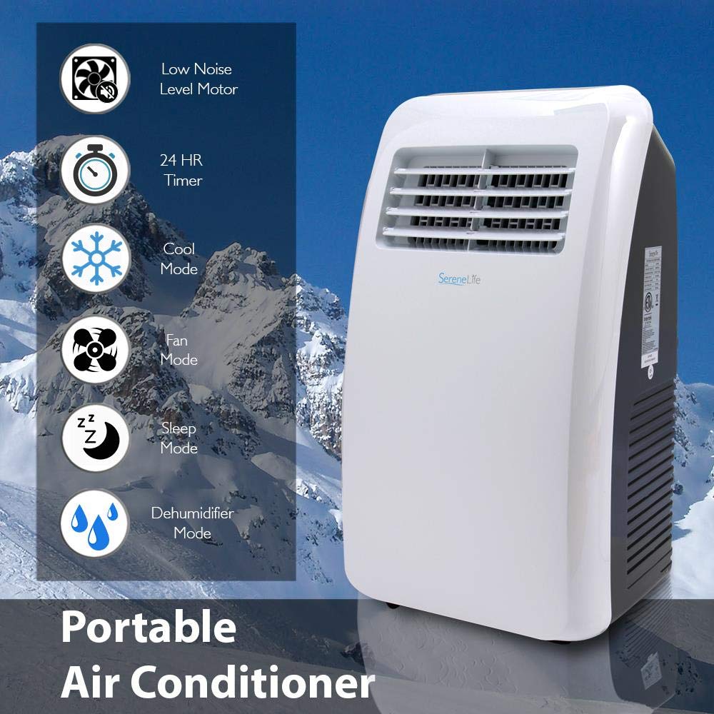 SereneLife Portable Air Conditioner, Dehumidifier & Fan | 3-in-1 8,000 BTU AC With Temperature Ranges 64°F–90°F & Cools 350 SQ FT | Includes 3 Fan Speeds, Remote Control, & Window Exhaust Kit | White