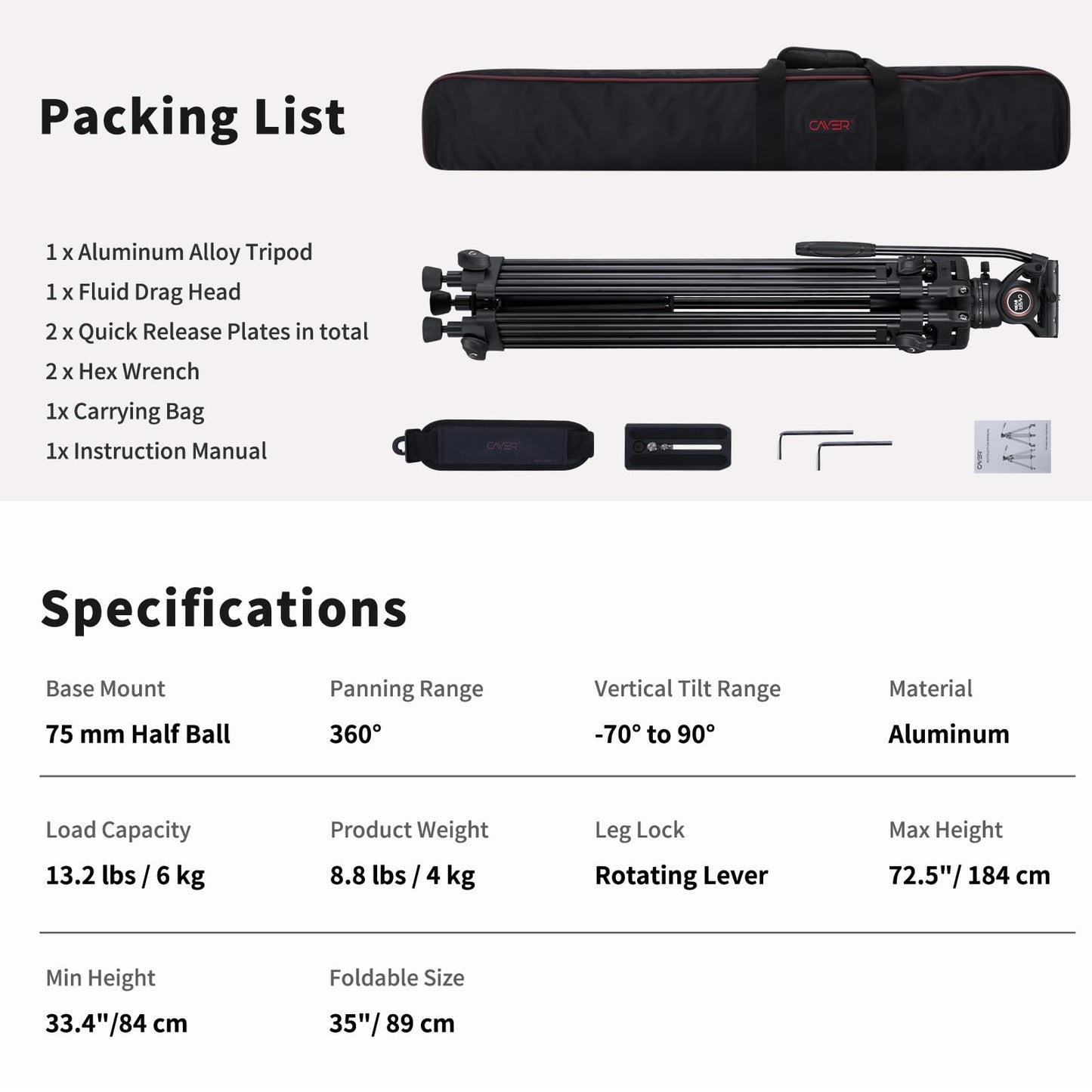 Cayer BV30L Video Tripod System, 72" Heavy Duty Aluminum Twin Tube Tripod with K3 Fluid Head, 75mm Flat Base, Max Load 13.2lbs, for DSLR Cameras, Camcorders, Includes 2 Quick Release Plates