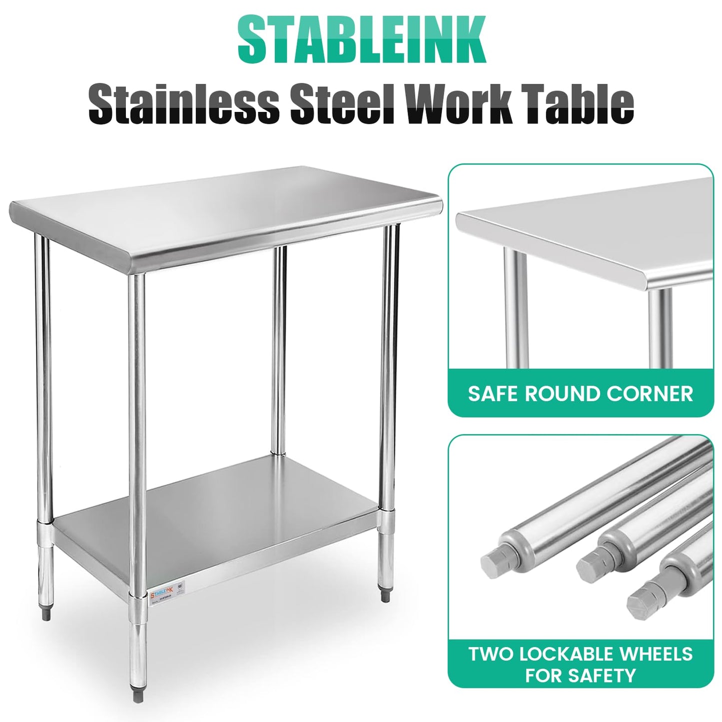 STABLEINK NSF Stainless Steel Table, 30 x 18 Inches Small Metal Prep & Work Table with Adjustable Undershelf, for Commercial Kitchen, Restaurant, Hotel and Garage