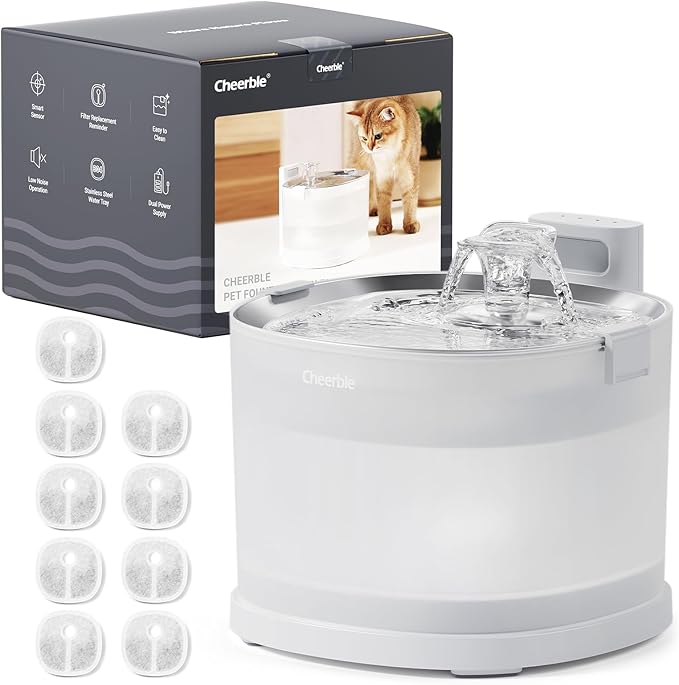 Cheerble Pumpless Pet Fountain Elfin E1+ with 9 Extra Filters, Wireless Pet Fountain Battery Operated, 2L/67oz E1+ Automat...