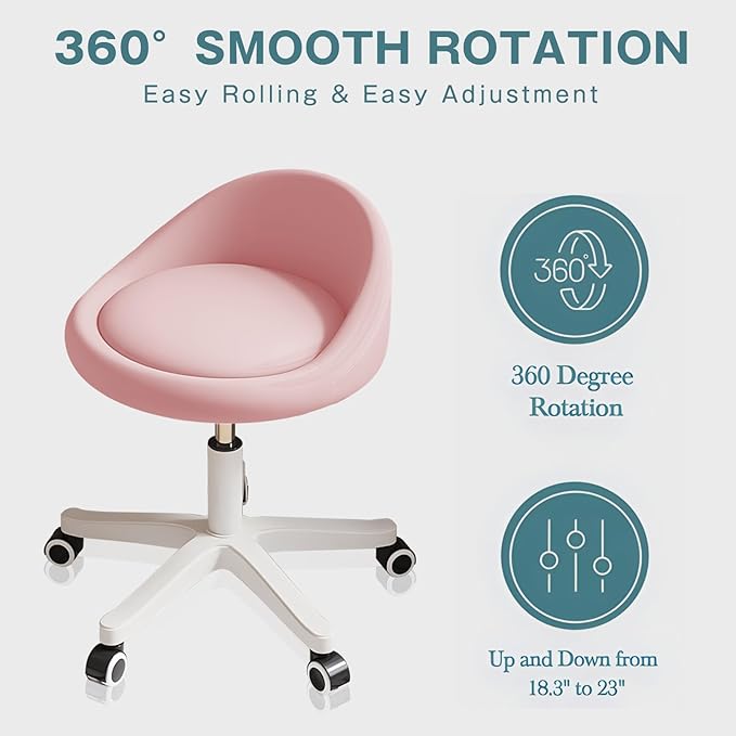 Walktory Round Rolling Stool with PU Leather Low Backrest, Hydraulic Height-Adjustable Swivel Chair for Spa, Salon, Tattoo, Massage, or Medical Office