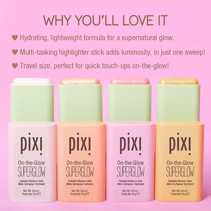 Pixi On-the-Glow SuperGlow | Shade PetalDew | Hydrating Highlighter Stick with Ginseng, Aloe Vera & Fruit Extracts | For Cheeks & Brow Bones | 19g / 0.6oz | Paraben-Free Luminous Natural Highlight