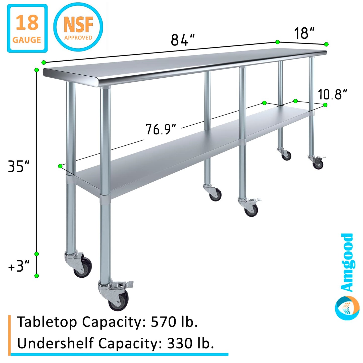 AmGood 18 in. x 84 in. Stainless Steel Work Table with Wheels | Metal Kitchen Food Prep Table | NSF