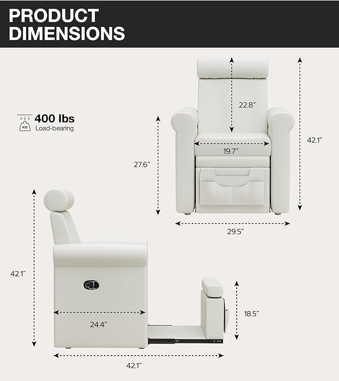 VARONXE Icoget Professional Pedicure Chair No Plumbing for Nail Tech, Reclining SPA Pedicure Station w/Adjustable Footrest & Headrest, Retractable Base Unite for Small Space, White
