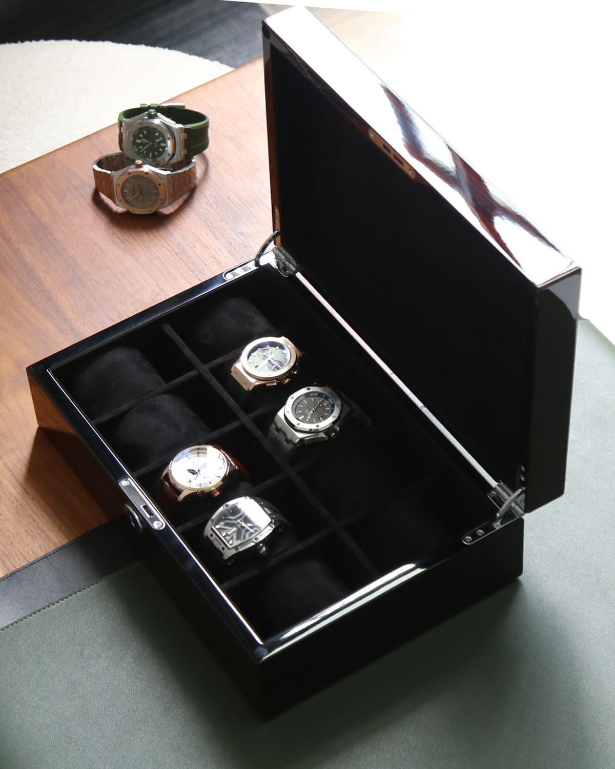 Bonaking 10-Slot Watch Storage Box with Windowless Lid, Ebony Wood Grain, High Gloss Finish, Lock & Velvet Interior, Fits Watches up to 57mm – Luxury Watch Organizer Gift for Men