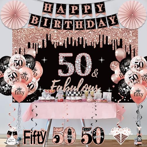 50th Birthday Decorations for Women, 33pcs 50th Birthday Crown and Sash, Black Rose Gold Happy 50th Birthday Banner Balloo...